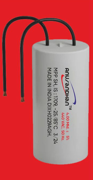 Fan Motor Capacitor 4.0 MFD (Can Size : 27x52mm) Dry type. Make : Anusandhan